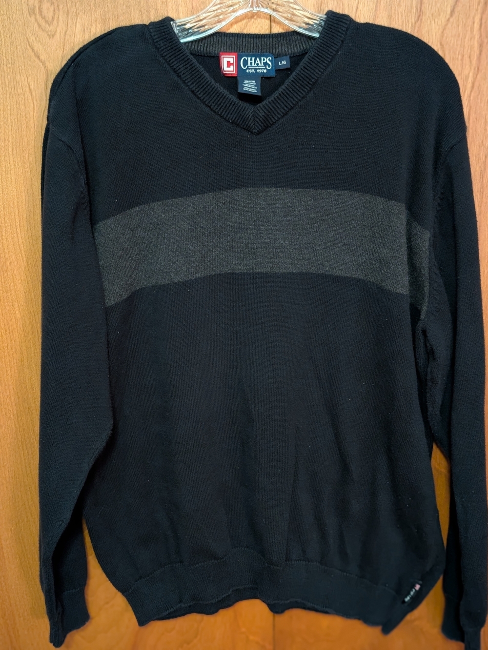 Chaps Men's Black V-Neck Sweater with Charcoal Chest Stripe